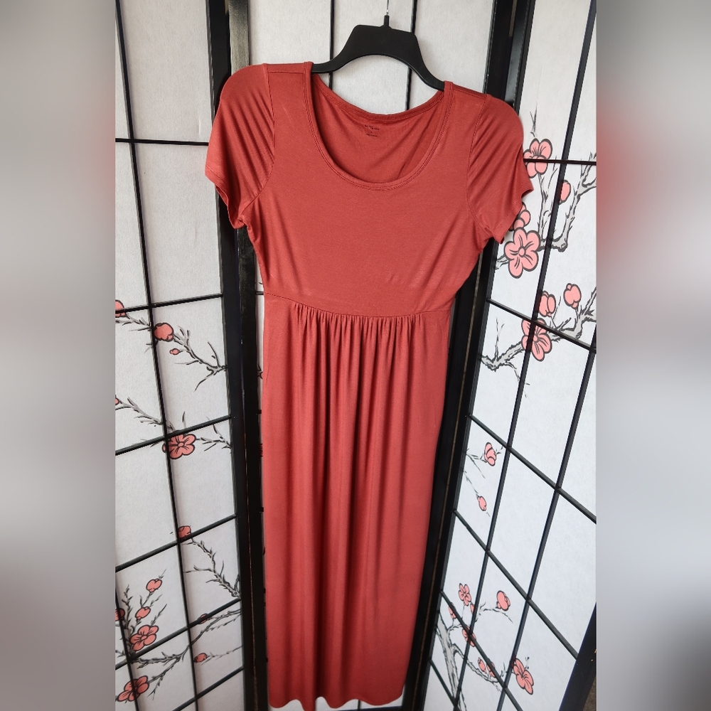 Daily Ritual Salmon Color Red Pink Ruched Prairie Maxi Sundress Size Medium - Picture 2 of 11